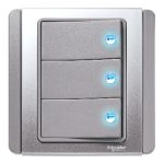 E3033H1_EBGS - 3 Gang 1 Way Horizontal Dolly Switch with Blue LED, Grey Silver
