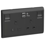 Schneider Pieno - 13A Twin Gang Switched Socket with 2.1A USB, Matt Black