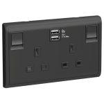 SCHNEIDER E82T25USB_MB-13A Twin Gang Switched Socket with 2.1A USB, Matt Black
