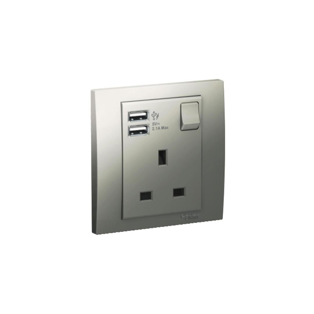 17-b617-5434efe14751.png Schneider Pieno 13A Single Switched Socket With 2X2.1A Usb Aluminium Silver - Image 1