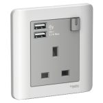 Schneider Zencelo - 13A 1 Gang Switched Socket with 2.1A USB, Silver Satin E8415USB_SA