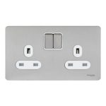 SCHNEIDER GU3420WSS-electric Double switched socket, Ultimate Scewless Flat plate, 13A, 2P+E, BS1363, white & stainless steel