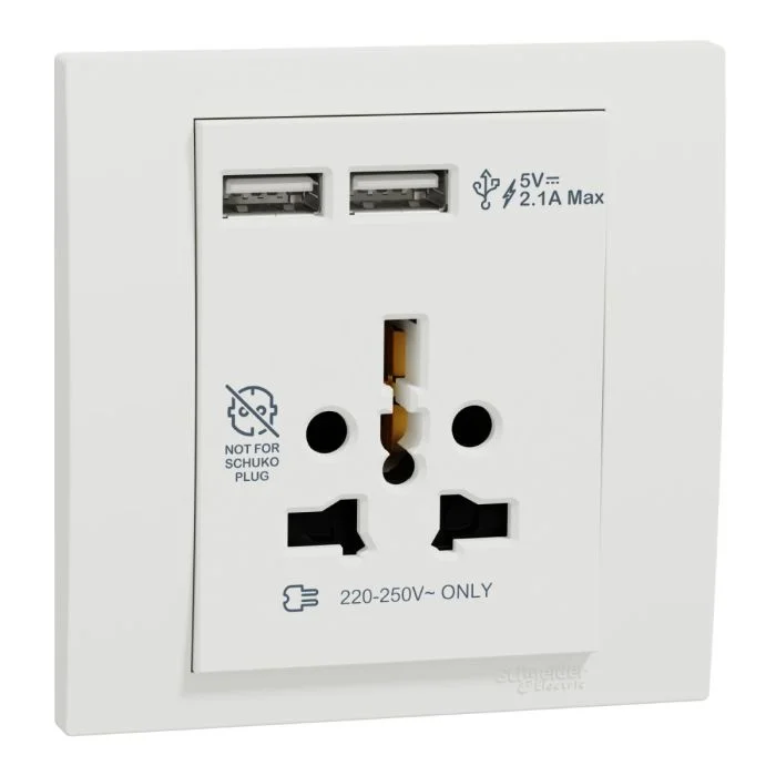 kb42616usb_we_1.webp SCHNEIDER KB42616USB_WE-Vivace 16A International Socket with 2.1A USB, White - Image 1